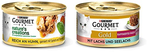 PURINA GOURMET Nature's Creation Katzennassfutter in Gelee naturbelassen, Huhn, 12er Pack (12 x 85g) & Gold Raffiniertes Ragout Duetto Katzenfutter nass, Lachs und Seelachs, 12er Pack (12 x 85g)