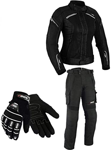BOSmoto DAMEN MOTORRADKOMBI JACKE + HOSE + HANDSCHUHEN - BIKE MOTORRAD ROCKER TOURING,Sommer (L), Schwarz