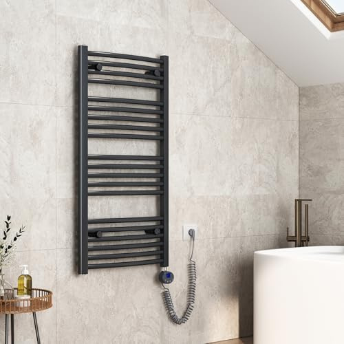 EMKE Handtuchheizkörper Elektrisch 120 x 50 cm, Gebogen Badheizkörper Elektrisch mit Thermostat, Handtuchtrockner Handtuchwärmer mit Timer Anthrazit 500W