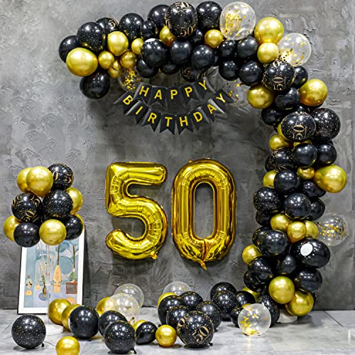 50 Geburtstag Deko, 50 Geburtstag Mann Frauen, 50 Jahre Geburtstagdeko, Happy Birthday Girlande Ballon Schwarz Gold Dekoration, Deko 50 Geburtstag Konfetti Luftballons Birthday Party