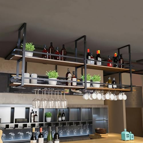 KEPMOGOH Deckenregal Weinregal mit Glashalter, Schwebendes Hängeregal 2-Lagiger Industrieller Hängender Weinflaschenhalter, Schwarzes Metall-Deckenregal für Bar-Café-Küche (Schwarz, 160×30×80cm)