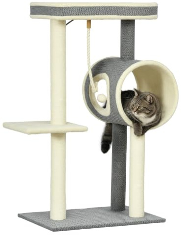 PawHut Kratzbaum 104 cm mit Katzenhöhle für Katzen bis 5 kg Sisal Grau | Katzenkratzbaum mit Spielball, Katzenbaum mit 2 Liegeflächen, Kletterbaum, Katzenmöbel