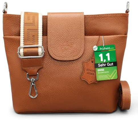 Brise Art ELLIE Damen Umhängetasche Echtleder Handgefertigt Crossbody Bag | [Test SEHR GUT, Note 1.1], Echtes Leder, Schultertasche mit Ledergurt & wahlweise gemustertem Riemen, 6 Fächer, Made in Italy