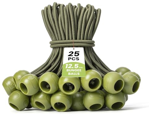 Brotree Elastici con Sfera per Teloni 25 Pezzi Corda Elastica 12.5 cm Corde Elastiche con Sfera - Verde Militare Cavo Elastico Tenditore Elastico Elastici Fissaggio