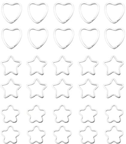 LEEQ Lot de 30 anneaux de clés en métal - En forme d'étoile et de cœur et de fleur - Mini porte-clés solides - Comme porte-clés et matériel de bricolage