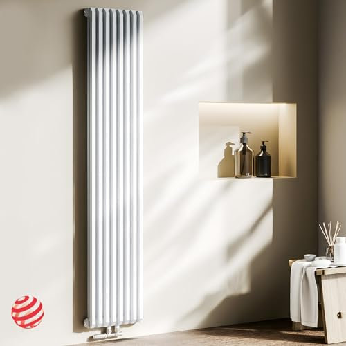 EMKE Design Heizkörper 1800x348 mm, D-Form Flachheizkörper Vertikal Heizkörper Mittelanschluss Paneelheizkörper Doppellagig Weiß 1611W