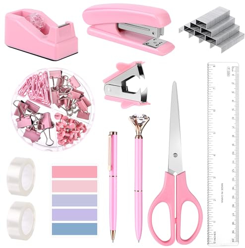 Bürobedarf-Set, Heftgerät und Klebebandabroller, Reißnägel, Ordner, Büroklammern, Lineal, Schere, Klebeband, Stift, Schreibtischzubehör, Rosa, 12-teilig