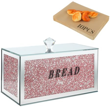sugarchef Panera de vidrio triturado con espejo de diamante para cubos de cocina, encimera, decoración del hogar, caja brillante para almacenamiento de pan (rosa)