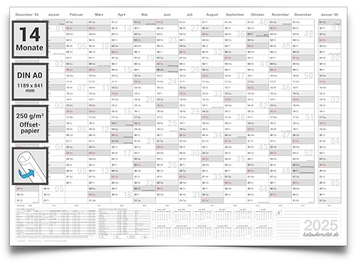 XXL Jahresplaner 2025 DIN A0 – Wandkalender 14 Monate (118,8 x 84 cm, grau, gerollt) | Großer Wandplaner in deutscher Sprache für Büro & Zuhause – von Kalenderoutlet