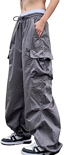 Damen-Freizeithose, modische Hose 2024, Cargohose mit Taschen, trendiges elastisches Taillendesign, lockere Krawatte, Leggings, Yoga-Tücher, grau, L