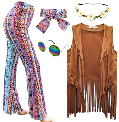XonyiCos 5 Stück 60er 70er Jahre Hippie Kostüm Disco Outfits Fransenweste Boho Schlaghosen Frieden Zubehör Set Halloween für Frauen Karnevalskostüm