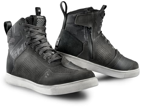 SHIMA REBEL 2.0 Motorrad Schuhe Herren Leder Belüftet Motorradstiefel Protektoren Sneaker Rutschfeste Sohle Knöchelstütze Seitlicher Reißverschluss Bikerboots (Männer, Belüftet Grau, 43)