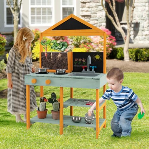 GYMAX Set Cucina da Gioco per Bambini, Cucina da Giardino in Legno con 2 Lavagnette, Vaso Trasparente, Lavandino Rimovibile, 2 Ripiani Inferiori, per Bambini 3 Anni + (Verde)
