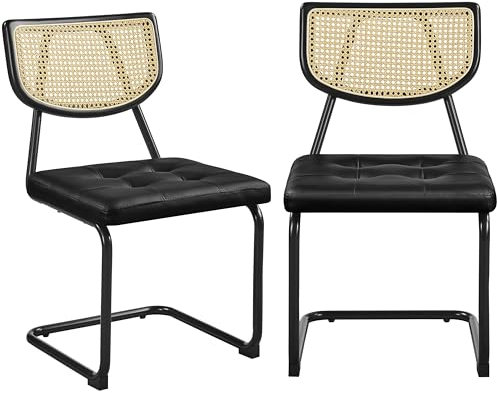 Yaheetech Küchenstuhl 2er Set Esszimmerstühle Rückenlehne aus Rattan Schwingstuhl aus Kunstleder Polsterstuhl fürs Esszimmer/Küche/Wohnzimmer/Restaurant, Schwarz