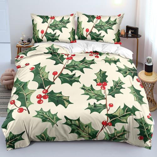 Tospass Weihnachts Bettwäsche 135 x 200 cm Ölgemälde Grüne Blätter Rote Früchte Warmes Weiche Bettwäsche Set Weihnachten Microfaser Bettbezug mit Reißverschluss und 1 Kissenbezug 80x80cm