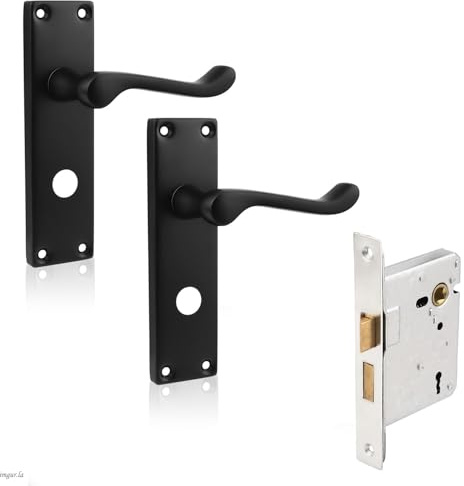 Probrico 1 Pack Matte Black Door Handle Lock Internal, Mortice Door Latch Internal with Lock (65mm), Backplate 154mm×40mm