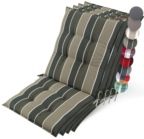 Beautissu Set 4 Premium Cojín Silla Jardín Exterior con Respaldo Bajo | 100x50cm 8cm grosor rayas verde acolchado resistencia UV antideslizante tumbona cojines asiento Sun-NL