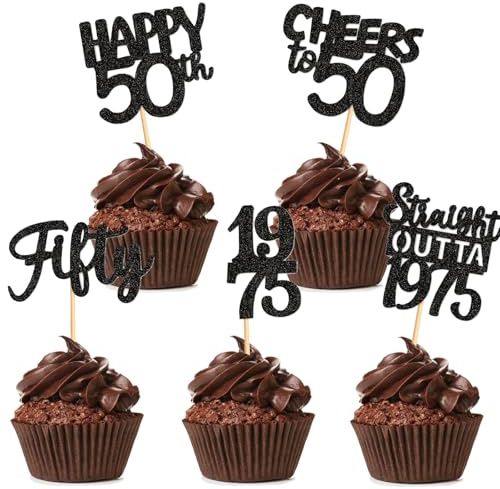 VARACL 30PCS Happy 50th Birthday Cupcake Toppers, Black Glitter Cake Topper for 50th Birthday Decorations for Women Men 1975, cheers to 50 Years Wedding Anniversary Party Favors Decor Cake Decorations