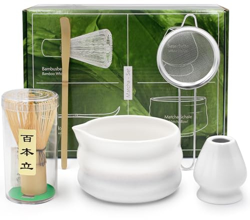 Matcha Kit, 5 Piezas Matcha Set de Japonés Incluye Batidor Bambu te Matcha, Soporte para Batidor, Cuchara, Tazón de Matcha con Pico, Colador de Polvo Matcha, para Ceremonia de té Japonés Tradicional