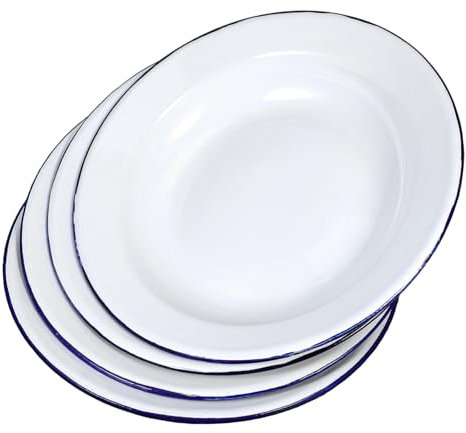 FUNNETOYU 4pcs Retro Enamel Plates Set 22cm White Shallow Enamelware Fruit and Snack Dishes Dining Plates for Home and Restaurant Serving