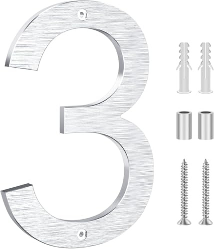 Yafimea numero civico esterno argento 20 cm – In alluminio massiccio con superficie spazzolata, fissaggio a vite con effetto 3D flottante, impermeabile – Per facciata, muro, garage, cancello (3)