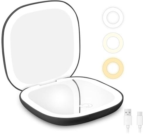 HOTUT LED Taschenspiegel,LED Reisespiegel mit Licht,Faltbarer Makeup Spiegel mit Vergrößerung 1x/10x,Einstellbarer Helligkeit, Wiederaufladbarer Zweiseitiger Handspiegel,Schwarz