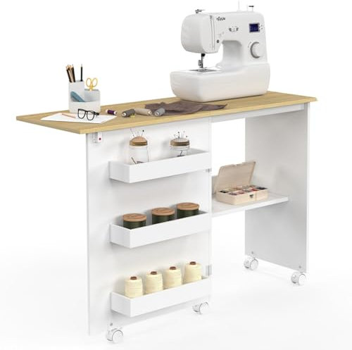 IDMarket - Klappbarer Nähtisch mit Rädern Nähmaschinen-Möbel mit 4 Ablagen