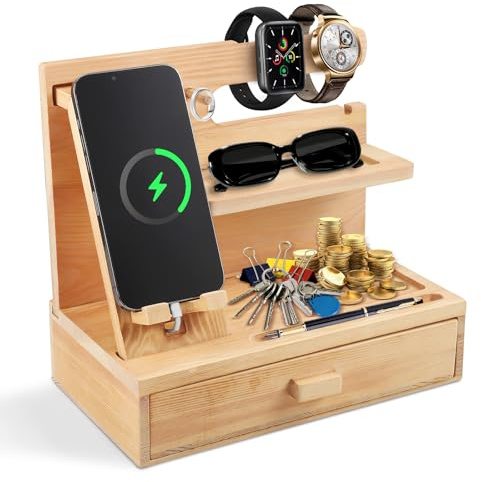 Strixorn Organizer da scrivania in legno, con supporto per cellulare, portapenne, ripiano e cassetto, bambù per scrivania, ufficio, casa
