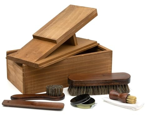 CKB LTD Kit de cuidado de zapatos - Caja de madera portátil para lustrar zapatos de cuero, juego de regalo con soporte para gato, cepillo aplicador, cepillos de pulido, dauber, cuerno de zapatos