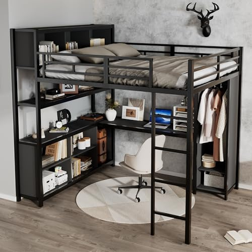 Idemon Cama de hierro, cama alta, espacio de almacenamiento de dos niveles debajo del escritorio, cama superior con espacio de almacenamiento, con armario, hierro + tablero de partículas, 140 x 200 cm