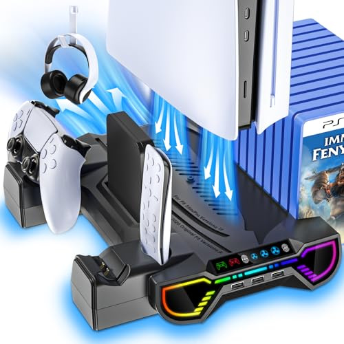 Cooling Stand with Controller Charging Station for PlayStation 5 Console | RGB Cooling Station and Controller Charger Accessories for PS5/Slim/Pro with Cooler Turbo Fan, Headset Holder,3 USB Hub,Black