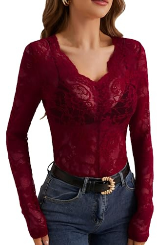 Sexig spets topp för damer, hav Through nätskjorta, V-ringad elegant blus, transparent topp, långärmad spetsblus med blommig vardag, festoutfit, Y2K spets, toppar damer, vinröd, M