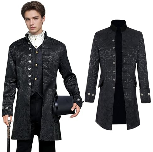QEKFDOV Men Steampunk Vintage Jacket，Medieval Victorian Gothic Coat，Renaissance Frock Coat Long，for Halloween Steampunk-Themed Carnival Cosplay Costume (Black, L)