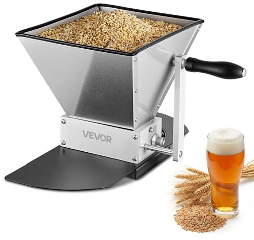 VEVOR Manual Grain Mill, Homebrew Malt Grinder, Adjustable Barley Mill Crusher for Wheat Beer Brewing - with 2 Stainless Steel Rollers, 1.06 Gallon Hopper & Metal Base Plate