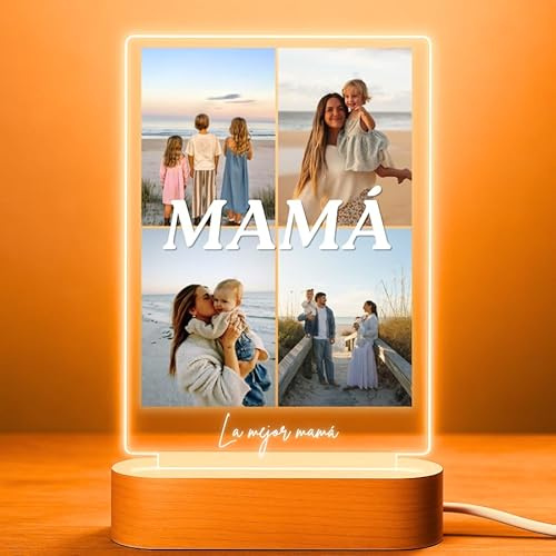 Cristal Plaque Lámpara Personalizada con 4 Fotos y Dedicatoria Central – Placa Metacrilato con Luz LED y Base Madera USB – Regalo Original con Fotos y Mensaje