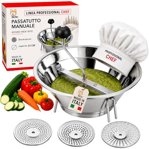 Akitaink Passatutto 33 cm Manuale, Passaverdure Pratico e Resistente per Passati, Puree, Salse e Vellutate, Linea Professional Chef