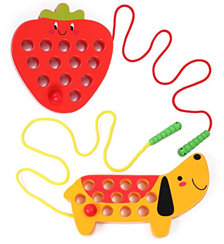 GEMEM Wooden Lacing Threading Toys Fine Motor Skill Toys for 3 Year Old Educational and Learning Montessori Toddler Travel Toy 1 Strawberry and 1 Dog