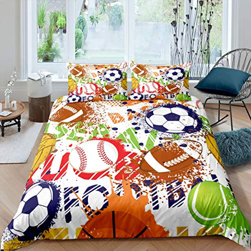 Juego de ropa de cama de fútbol para niños, con pelotas, teñido anudado, funda de edredón de fútbol, rugby, tenis, para niños, niñas, adolescentes, baloncesto, béisbol, voleibol, deportes, funda de