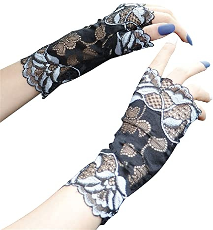 Asudaro Spitzenhandschuhe Damen, Frauen Spitze Fingerlose Handschuhe Half Finger Braut Handschuhe Florale Spitzenhandschuhe Brauttanzhandschuhe für Hochzeitsfeier Kostümzubehör,hellblau