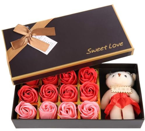 Cyrank 12 Rosa de Jabon Flor + Bonito Felpa Oso, Caja de Regalo de Flor de jabón de Rosa Artificial, romántico pétalo de Rosa Falsa para día de San Valentín,Aniversario, cumpleaños (Rojo)