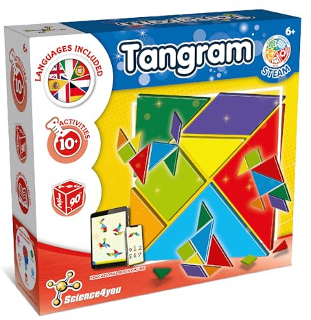 Science4you Tangram för barn – Montessori pusselspel med 10 utmaningar för tillverkning geometriska figurer – pussel av kartong – Montessori leksaker och pusselspel för barn från 6 år