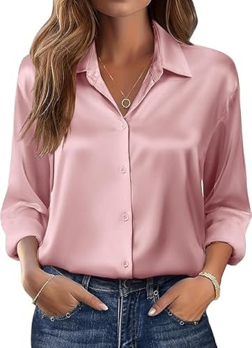 Beyove Sidenblus med V-ringning elegant långärmad business lös knapp ner blus satin blus, Rosa, M