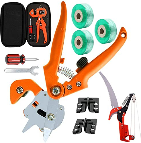 Okuliermesser für Obstbäume, Veredelungsschere Ratschenschere Garten Obstbaum Pfropfschere Obstbäume Pfropfen Schneidwerkzeug mit 3x SK5 Klinge Ersatzmesser Pfropfband, Orange,Style2