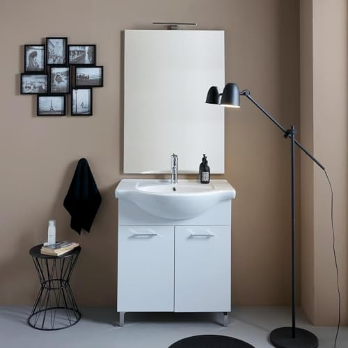 KIAMAMI VALENTINA Badunterschrank 75 cm Weiß Export mit Waschbecken | 2 Türen, Keramikwaschbecken, Spiegel 70x100 cm mit LED-Lampe, Höhe 190 cm, Tiefe 32 cm, verchromte Griffe
