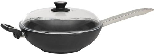 SKK große Antihaft Wok-Pfanne Ø 32 cm - induktionsgeeignet - runder Aluguss Asia Stielwok mit Glasdeckel & Edelstahl Griff - Made in Germany