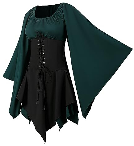 NFAOEGJ Vestido medieval para mujer con mangas de trompeta, vestido tradicional irlandés para mujer, renacentista, cosplay, carnaval, fiesta, Halloween (Verde, 3XL)