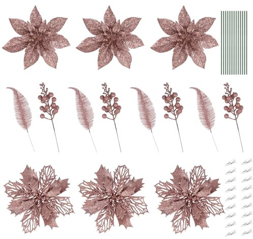 ilauke 30Pcs Poinsettia Artificial Flowers Rose Gold Christmas Decorations, Christmas Tree Ornaments with Glitter Artificial Leaves and Berry Stems, Garland Wreath Window Wedding Party Decoration