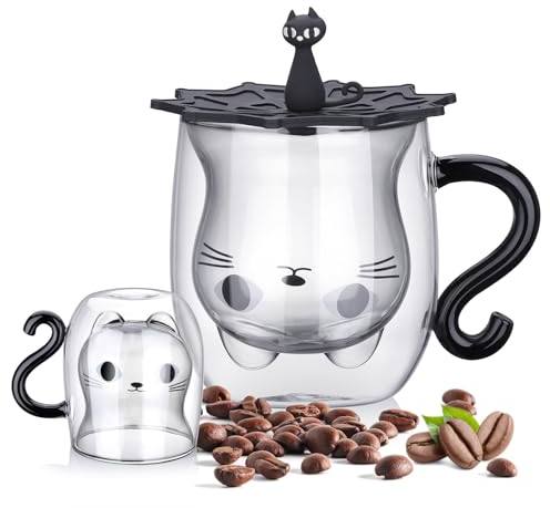 Huiguli Tasse Chat, Double Paroi Tasse a Cafe, Verre à Thé Chat Mug Mignon, 290ml/8.5oz, Résistant à la chaleur, Les Boissons Chaudes et Froides, Cadeau pour un Ami Femme