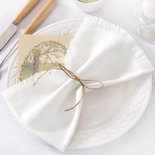 DeZerlor 12 Stück elfenbeinfarbene weiße Baumwoll-Leinen-Servietten mit Fransen, weiße Stoffservietten, Set mit 12 Stück, Boho, handgefertigte Tischservietten, Großpackung für Hochzeit, Brautparty