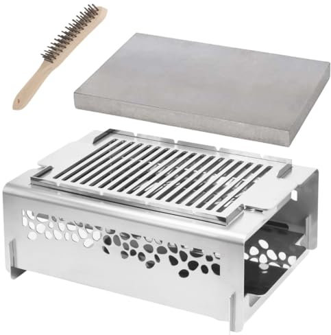 MBH- Barbacoa de mesa de acero inox, resistente y ligera para jardines, patios, eventos. Ideal cocina a la brasa. Incluye piedra de Basalto para cocina al a piedra y cepillo limpieza.